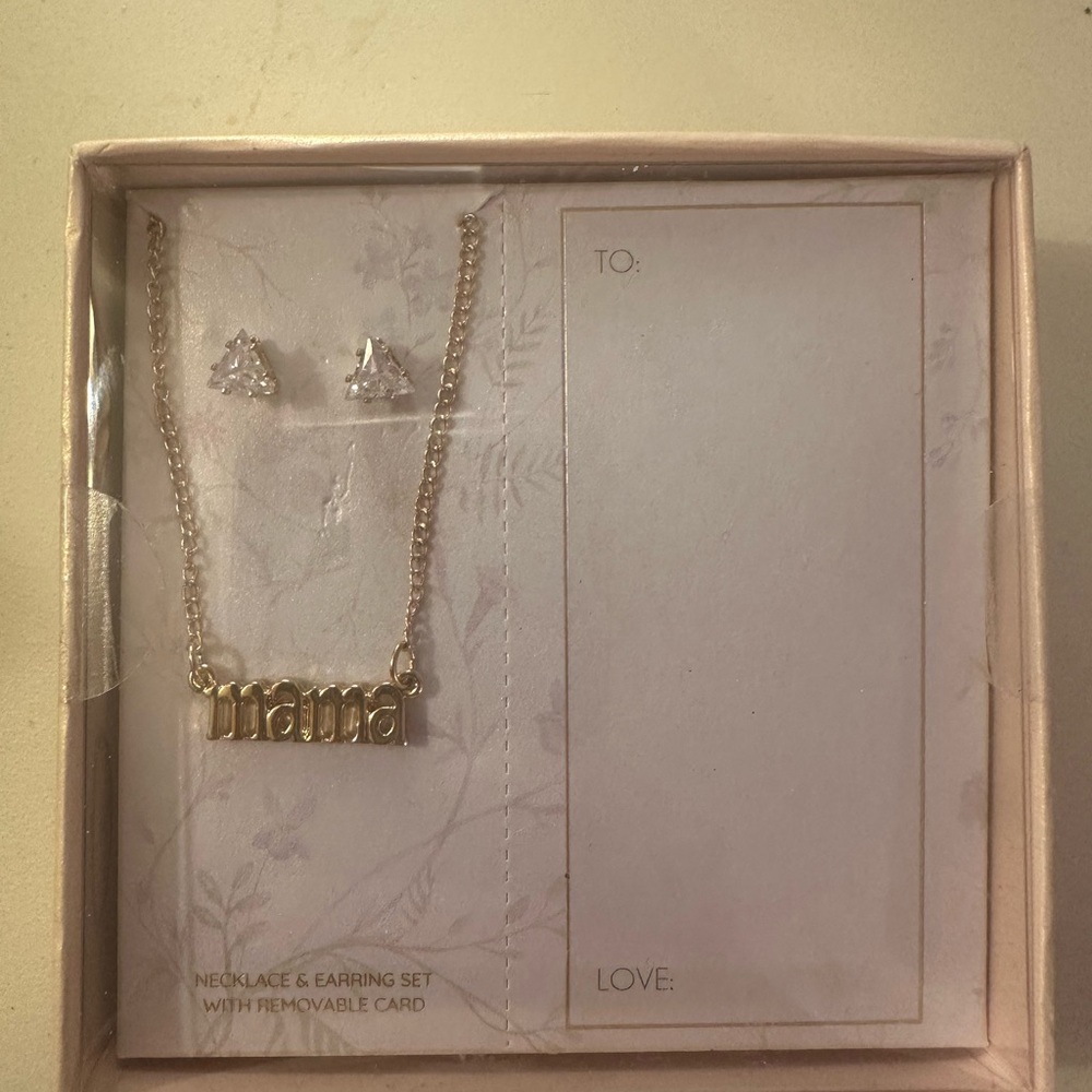 Gold 'mama' Necklace and Crystal Stud Earrings Set - Women Jewelry